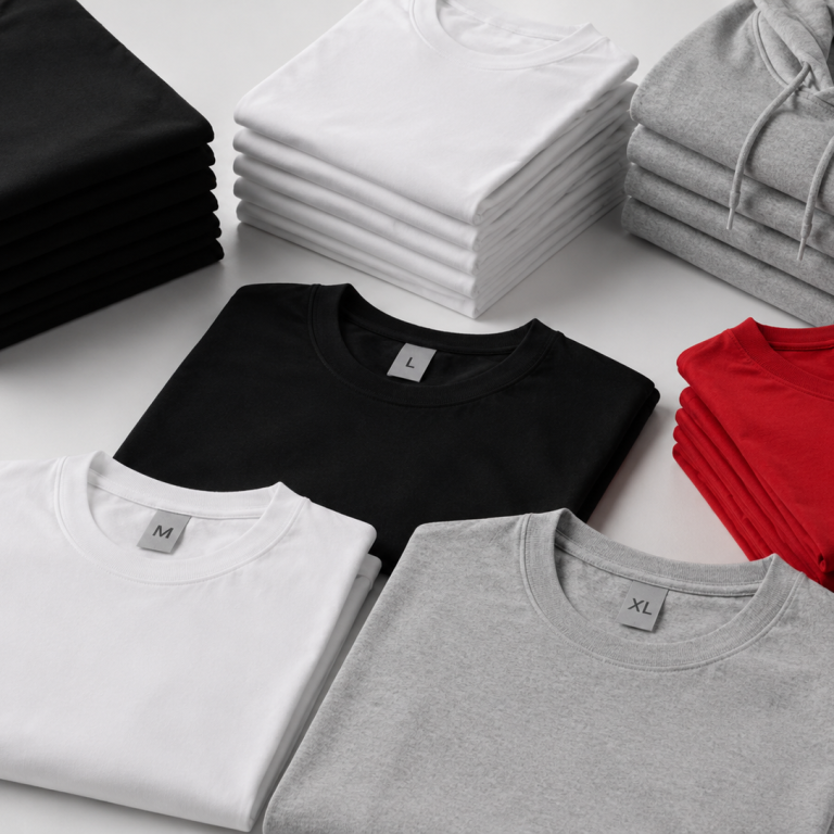 Camisetas personalizadas organizadas por tallas, colores y cantidades para preparar pedidos a medida