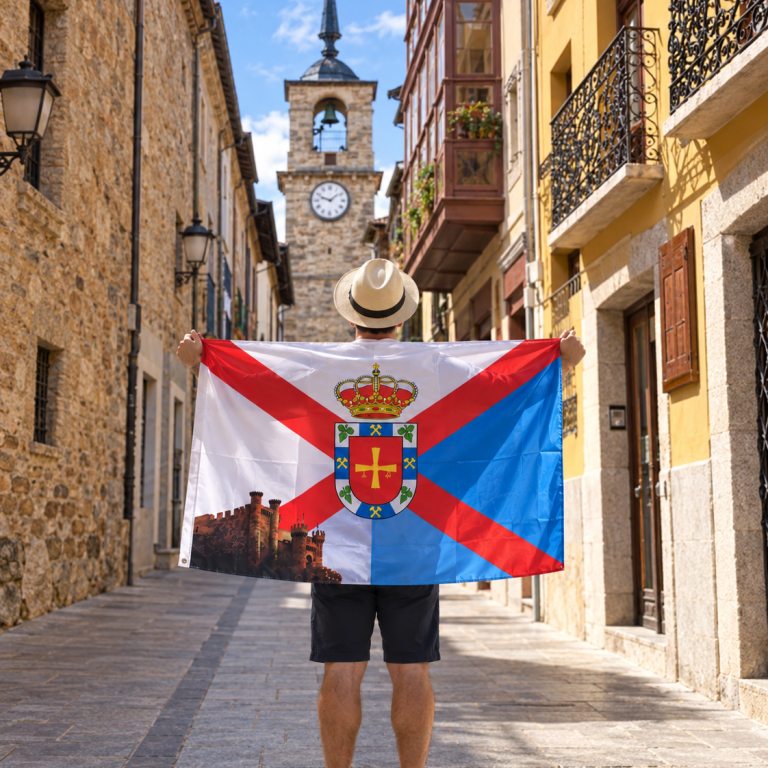 Bandera de El Bierzo en la Calle del Reloj · Ponferrada Persona mostrando la Bandera de El Bierzo Edición Especial Bierzogring en la Calle del Reloj de Ponferrada