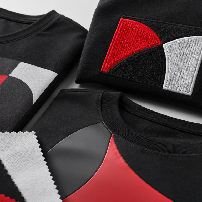 Opciones de personalización textil para camisetas con diferentes acabados como impresión, vinilo o bordado