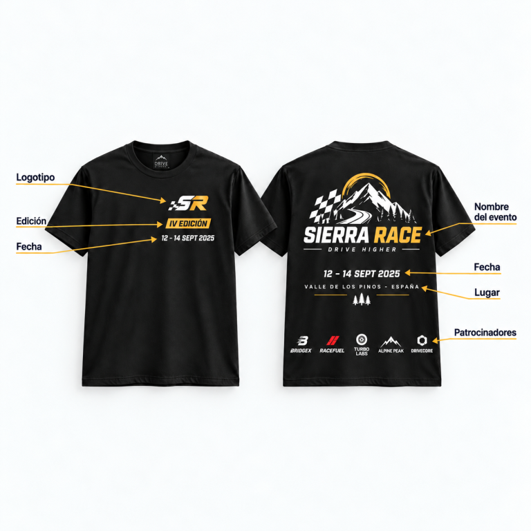 Camisetas conmemorativas para eventos del motor Camisetas conmemorativas personalizadas con nombre, fecha, lugar y patrocinadores de un evento del motor