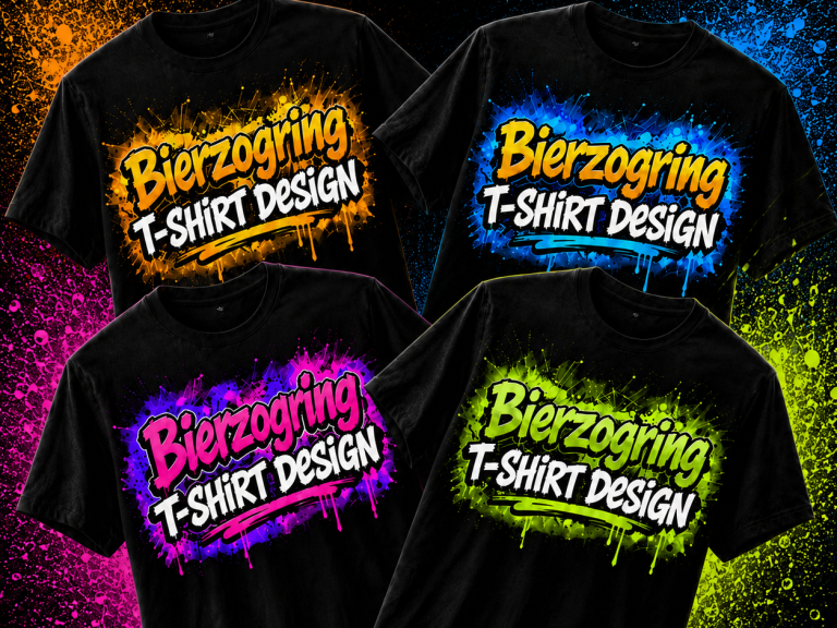 Colección Bierzogring Urban Colors de camisetas negras con estampados graffiti en naranja, rosa, azul y verde.