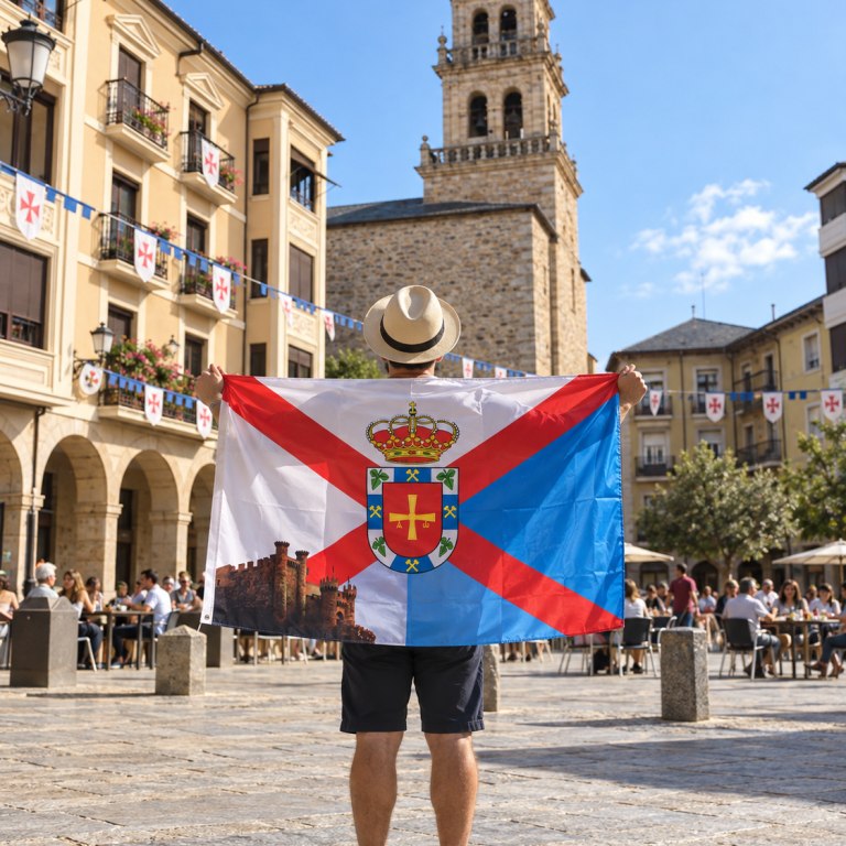 Bandera de El Bierzo en la Plaza de la Encina · Ponferrada Persona mostrando la Bandera de El Bierzo Edición Especial Bierzogring en la Plaza de la Encina de Ponferrada