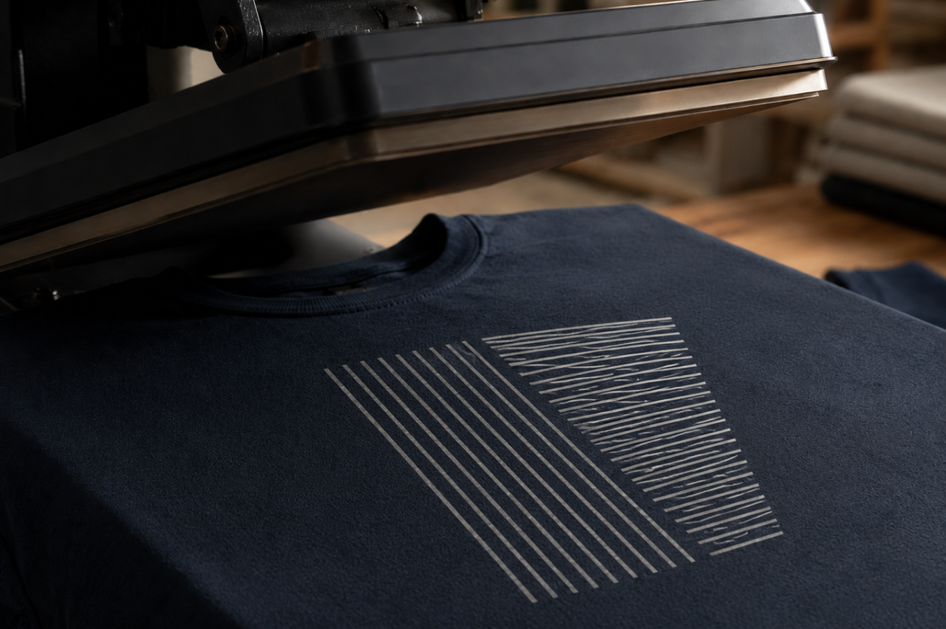 Detalle de estampación textil precisa sobre camiseta personalizada con prensa térmica