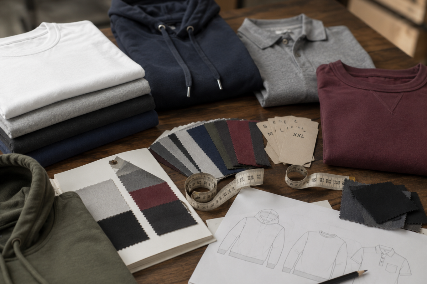 Muestras de tejidos, tallas y bocetos para asesoramiento en personalización textil